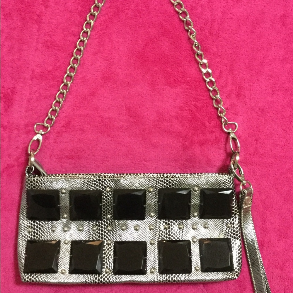 Cache Embellished Silver Snakeskin Purse